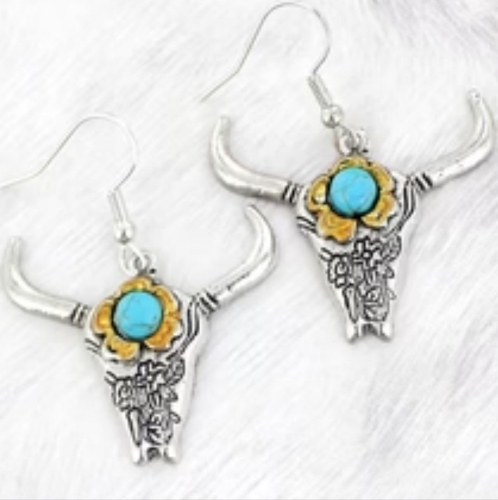 Silver Bull Skull Earrings with Turquoise and Gold Accents